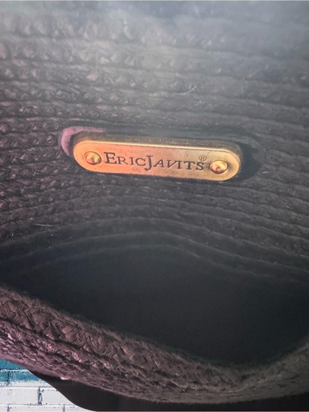 Eric Javits Black Woven Straw Tote with Gold Logo Plate and Shoulder Strap - Picture 4 of 7